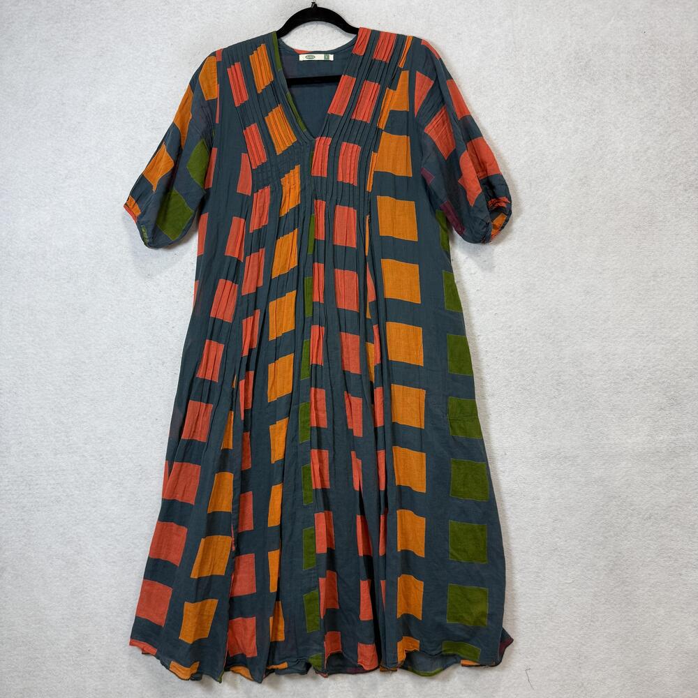 dolma Geometric Kaftan Dress Womens Small Multicolor Puff Sleeve Cotton Midi